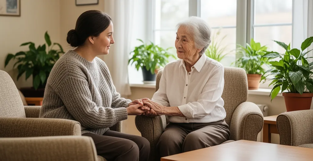 Fille adulte tenant la main de sa mère âgée dans un espace commun d'EHPAD