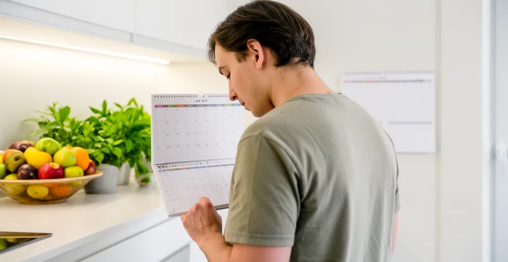 Personne regardant un calendrier mural dans une cuisine lumineuse