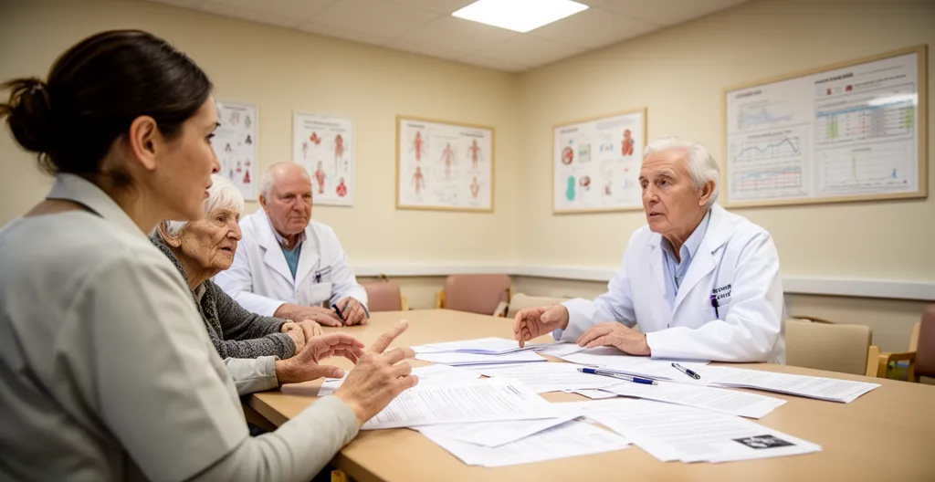 Professionnel de santé en discussion avec une famille dans une salle de réunion d'EHPAD