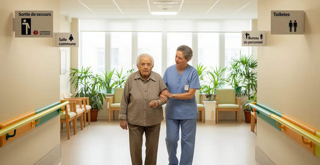 Résident accompagné par un soignant dans une unité protégée avec couloirs sécurisés